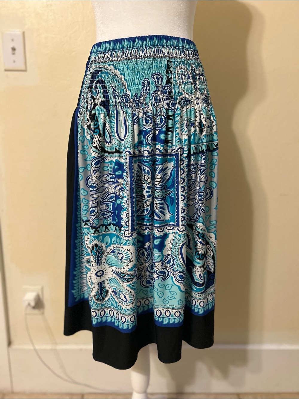 Teal & Navy Paisley Midi Skirt with Elastic Waist